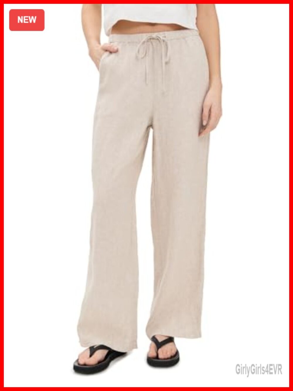 Linen Blend Emmie Trousers Straight Leg Drawstring Waist Office Casual